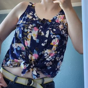 Front Tying Navy/Pink Floral Sleeveless Top